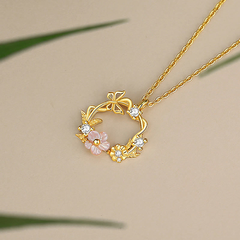 925 Sterling Silver Cubic Zirconia Shell Butterfly Peach Blossom Blessing Necklace Pendant