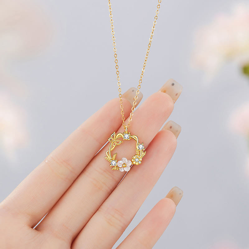 925 Sterling Silver Cubic Zirconia Shell Butterfly Peach Blossom Blessing Necklace Pendant