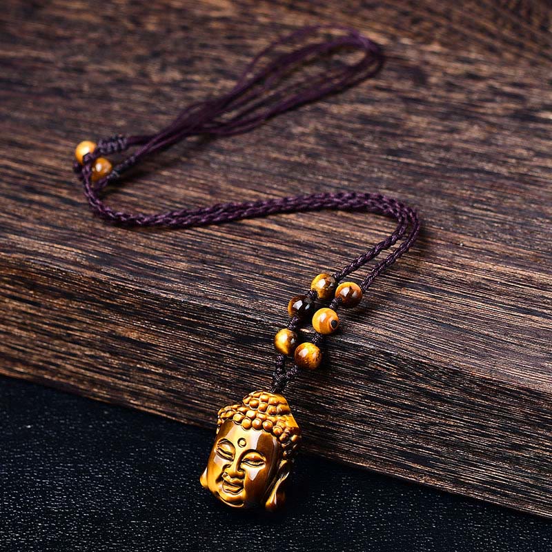 Tiger Eye String Buddha Head Courage Necklace Pendant