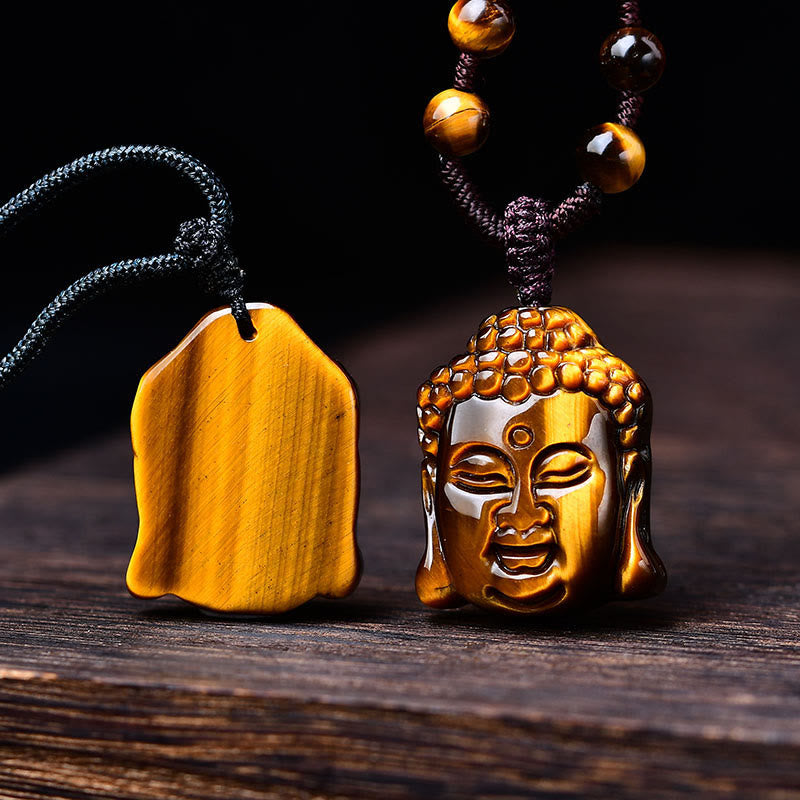 Tiger Eye String Buddha Head Courage Necklace Pendant
