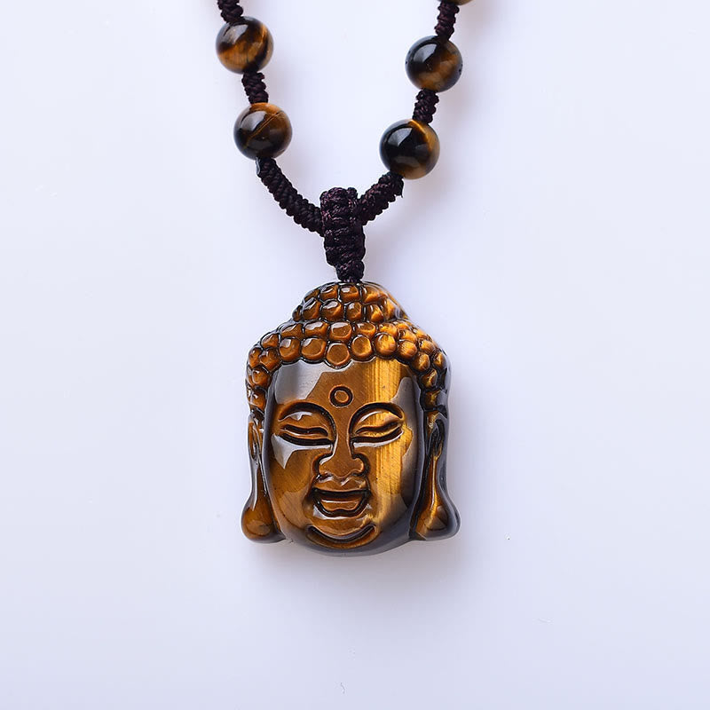 Tiger Eye String Buddha Head Courage Necklace Pendant