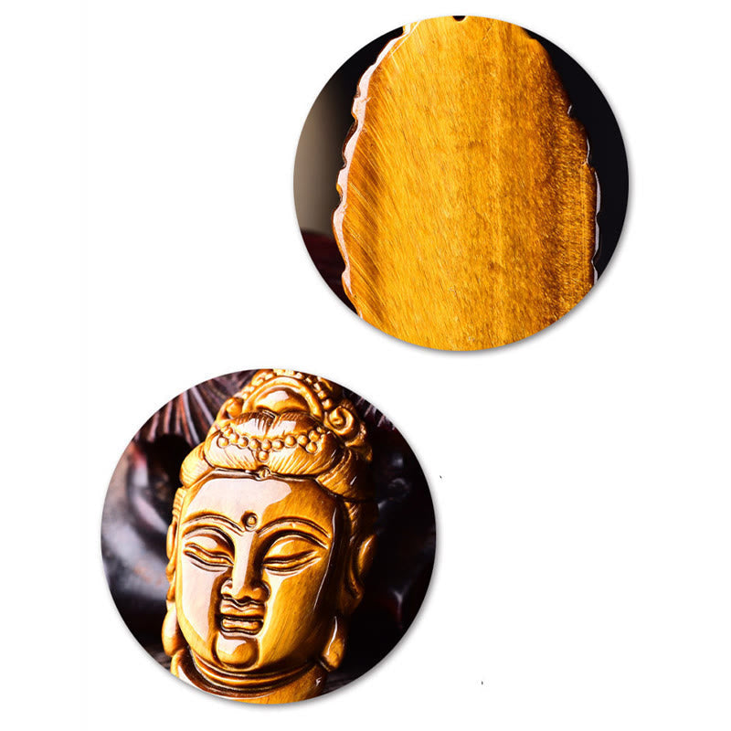Tiger Eye Kwan Yin Avalokitesvara Head String Strength Necklace Pendant