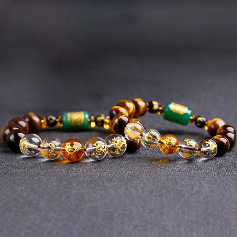 Chinese Zodiac Tiger Eye & Clear Quartz Beaded Bracelet | Personal Strength Anchor
