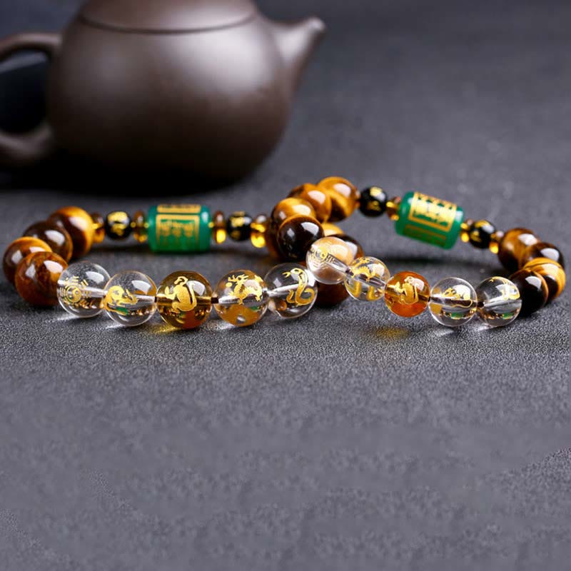 Chinese Zodiac Tiger Eye & Clear Quartz Beaded Bracelet | Personal Strength Anchor
