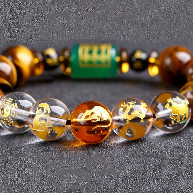 Chinese Zodiac Tiger Eye & Clear Quartz Beaded Bracelet | Personal Strength Anchor