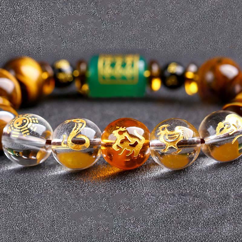 Chinese Zodiac Tiger Eye & Clear Quartz Beaded Bracelet | Personal Strength Anchor