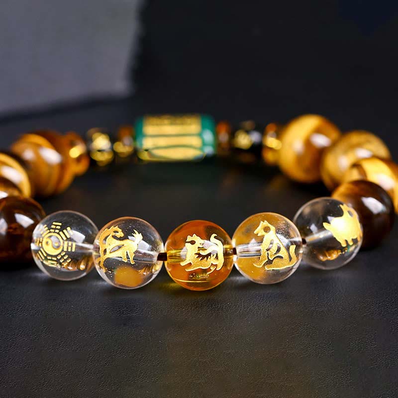 Chinese Zodiac Tiger Eye & Clear Quartz Beaded Bracelet | Personal Strength Anchor