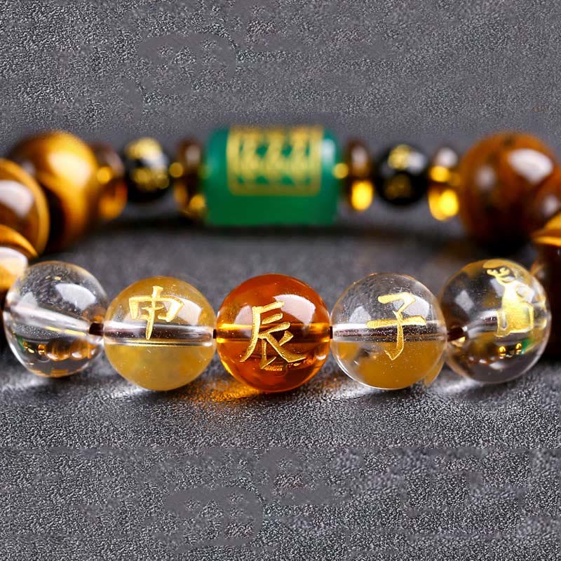 Chinese Zodiac Tiger Eye & Clear Quartz Beaded Bracelet | Personal Strength Anchor
