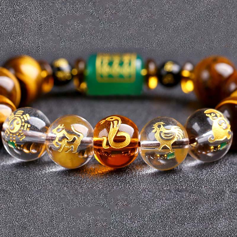 Chinese Zodiac Tiger Eye & Clear Quartz Beaded Bracelet | Personal Strength Anchor