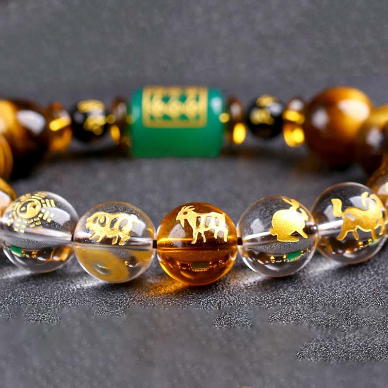 Chinese Zodiac Tiger Eye & Clear Quartz Beaded Bracelet | Personal Strength Anchor