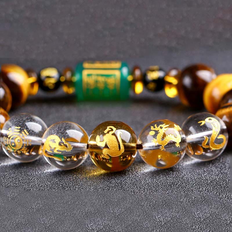 Chinese Zodiac Tiger Eye & Clear Quartz Beaded Bracelet | Personal Strength Anchor