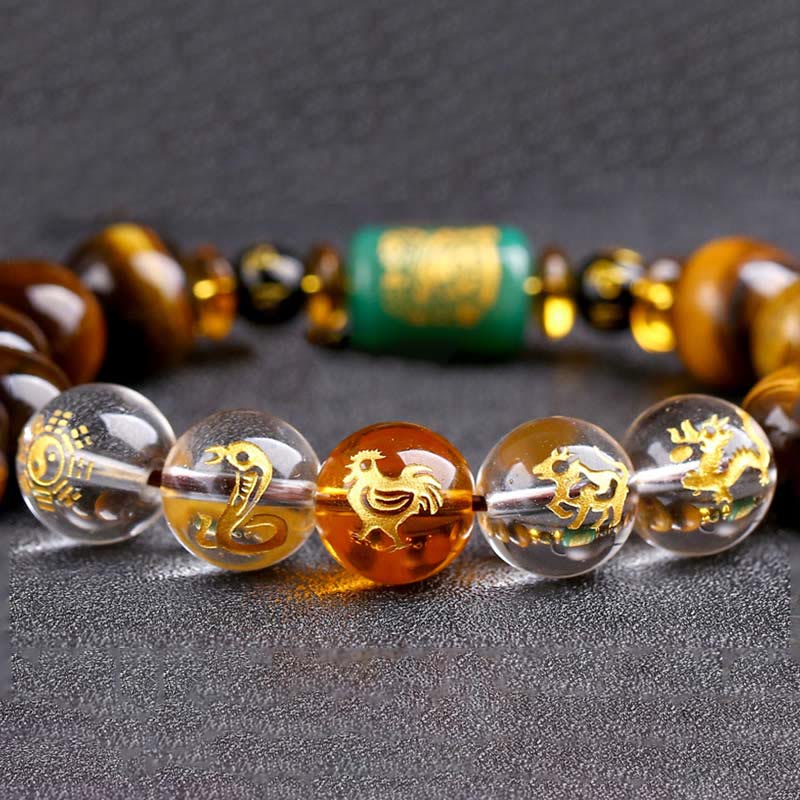 Chinese Zodiac Tiger Eye & Clear Quartz Beaded Bracelet | Personal Strength Anchor