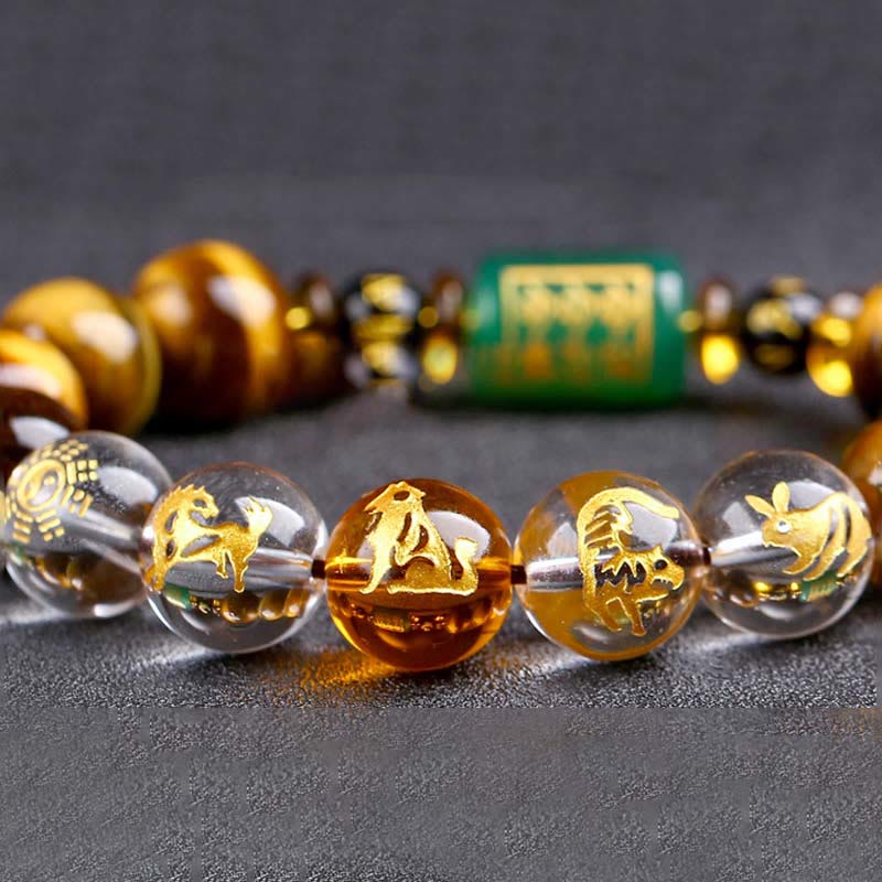 Chinese Zodiac Tiger Eye & Clear Quartz Beaded Bracelet | Personal Strength Anchor
