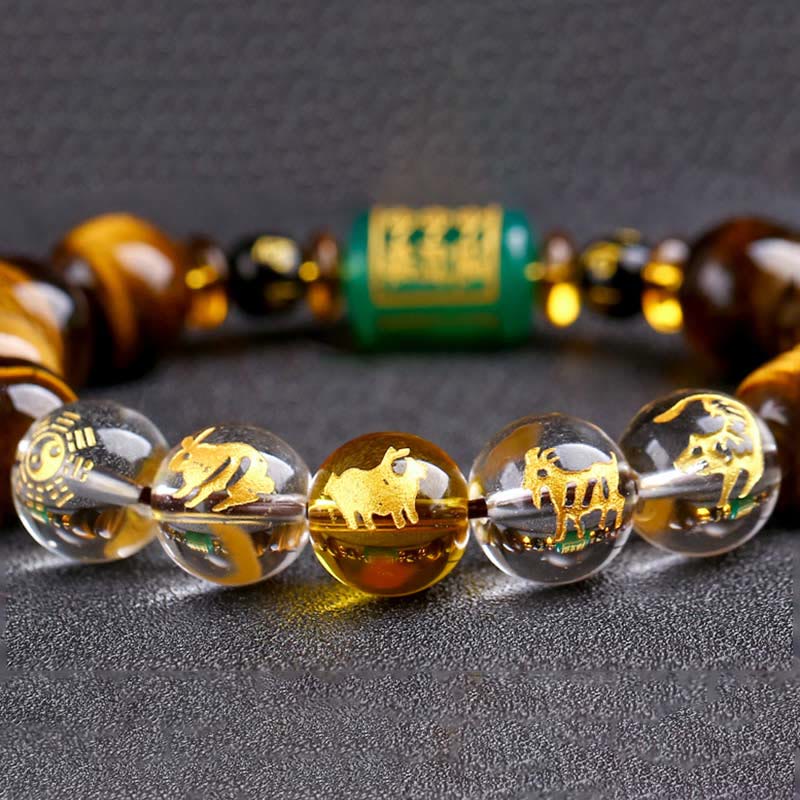 Chinese Zodiac Tiger Eye & Clear Quartz Beaded Bracelet | Personal Strength Anchor