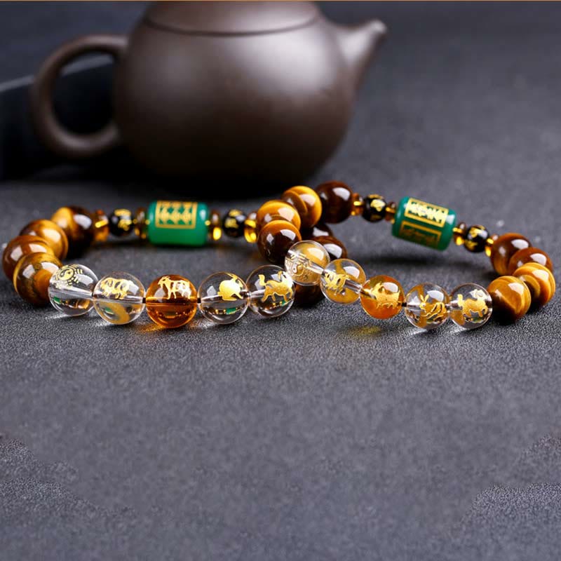 Chinese Zodiac Tiger Eye & Clear Quartz Beaded Bracelet | Personal Strength Anchor
