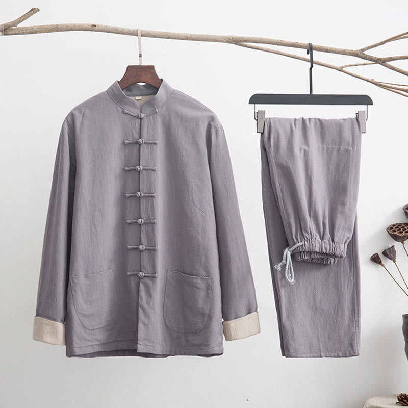 2Pcs Zen Tang Suit Men's Linen Frog-Button Long Sleeve Shirt Pants Set