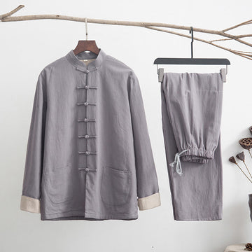 2Pcs Zen Tang Suit Men's Linen Frog-Button Long Sleeve Shirt Pants Set