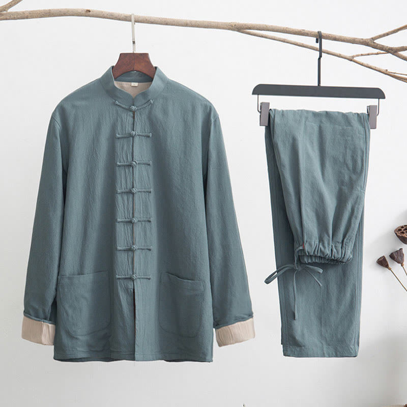 2Pcs Zen Tang Suit Men's Linen Frog-Button Long Sleeve Shirt Pants Set