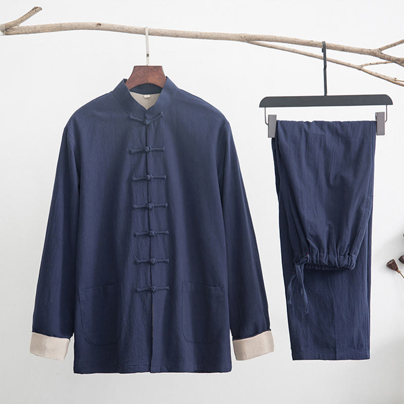 2Pcs Zen Tang Suit Men's Linen Frog-Button Long Sleeve Shirt Pants Set