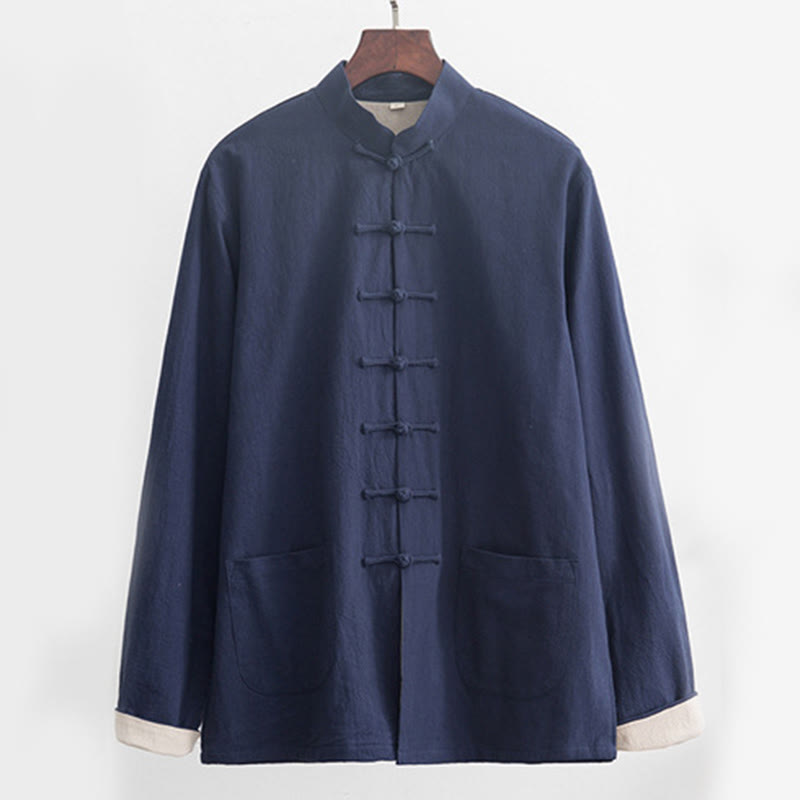 2Pcs Zen Tang Suit Men's Linen Frog-Button Long Sleeve Shirt Pants Set