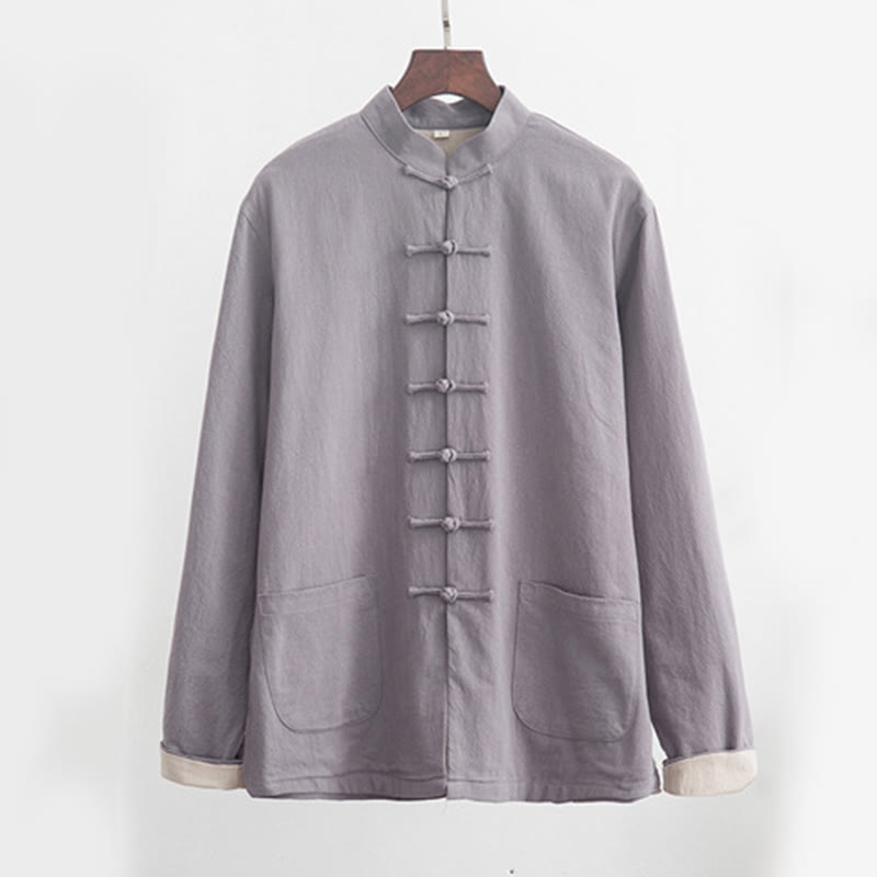 2Pcs Zen Tang Suit Men's Linen Frog-Button Long Sleeve Shirt Pants Set
