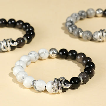 Natural Silver Sheen Obsidian and Copper Snake Year of the Snake Beaded Gemstone Bracelet