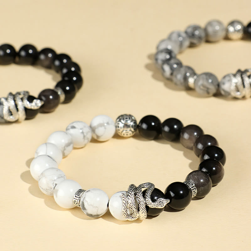 Natural Silver Sheen Obsidian and Copper Snake Year of the Snake Beaded Gemstone Bracelet