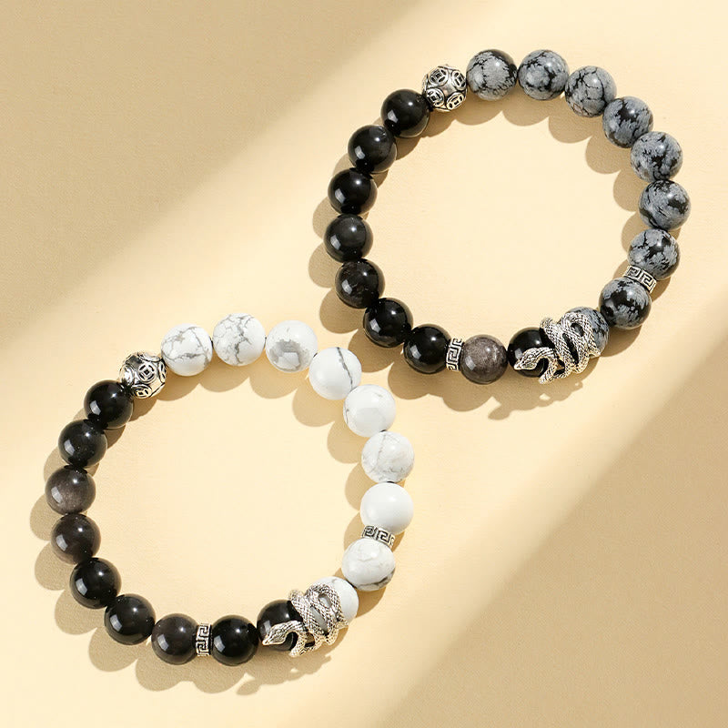 Natural Silver Sheen Obsidian and Copper Snake Year of the Snake Beaded Gemstone Bracelet