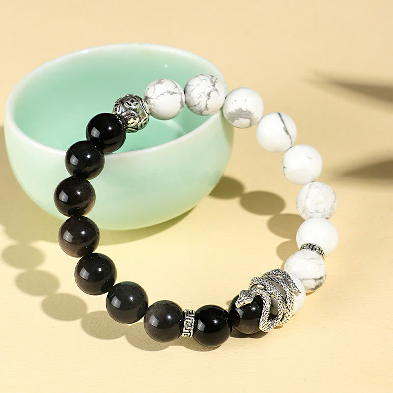 Natural Silver Sheen Obsidian and Copper Snake Year of the Snake Beaded Gemstone Bracelet