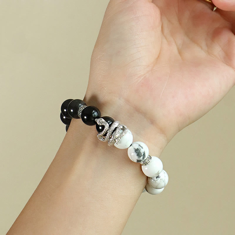Natural Silver Sheen Obsidian and Copper Snake Year of the Snake Beaded Gemstone Bracelet