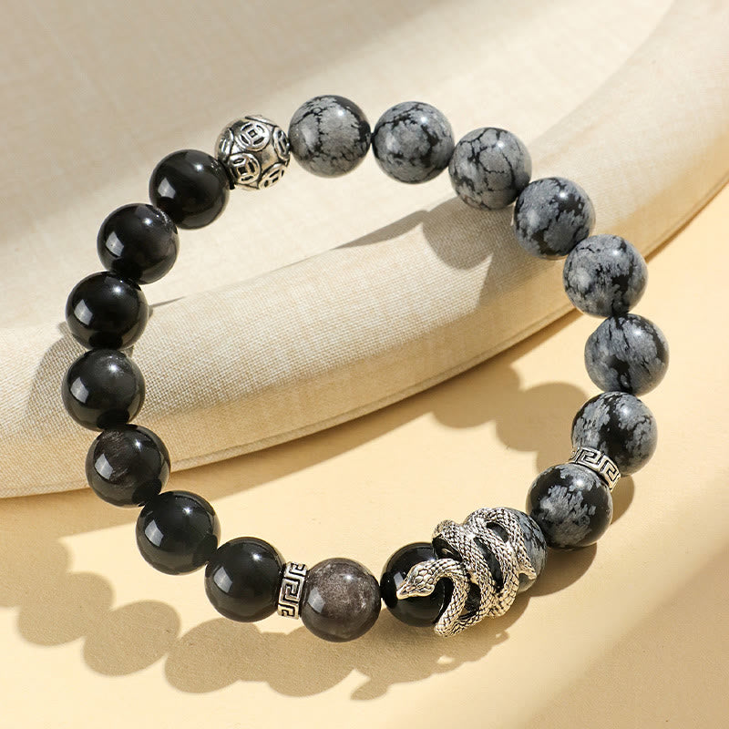 Natural Silver Sheen Obsidian and Copper Snake Year of the Snake Beaded Gemstone Bracelet