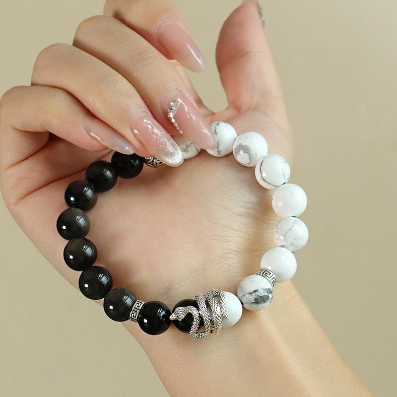 Natural Silver Sheen Obsidian and Copper Snake Year of the Snake Beaded Gemstone Bracelet