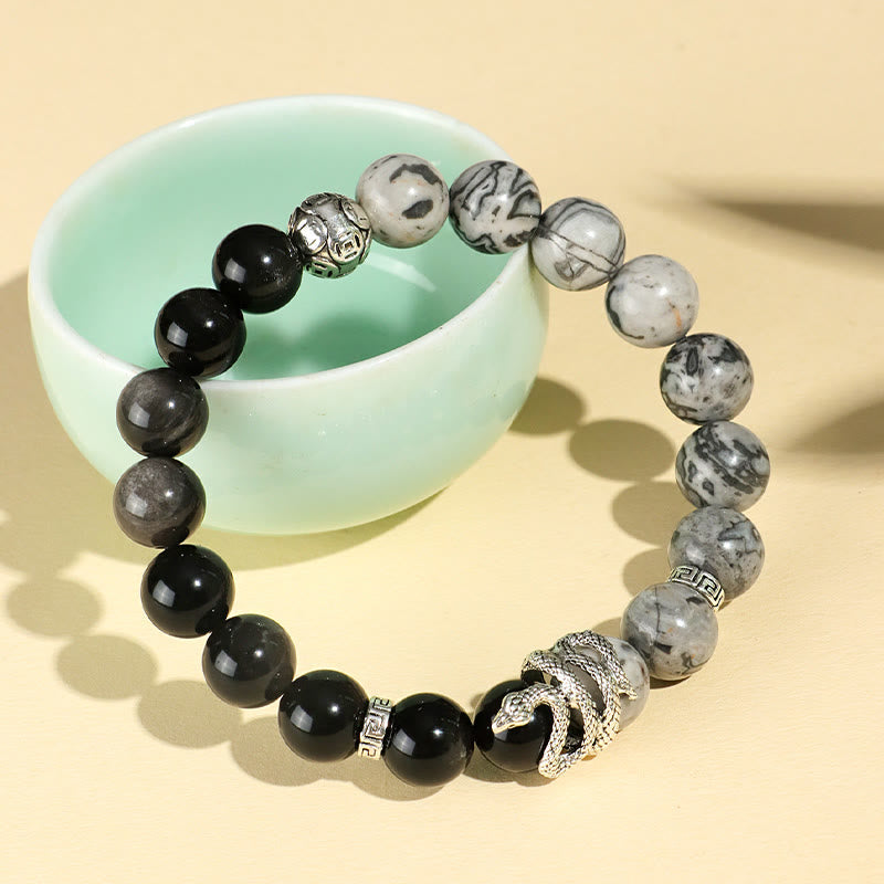 Natural Silver Sheen Obsidian and Copper Snake Year of the Snake Beaded Gemstone Bracelet