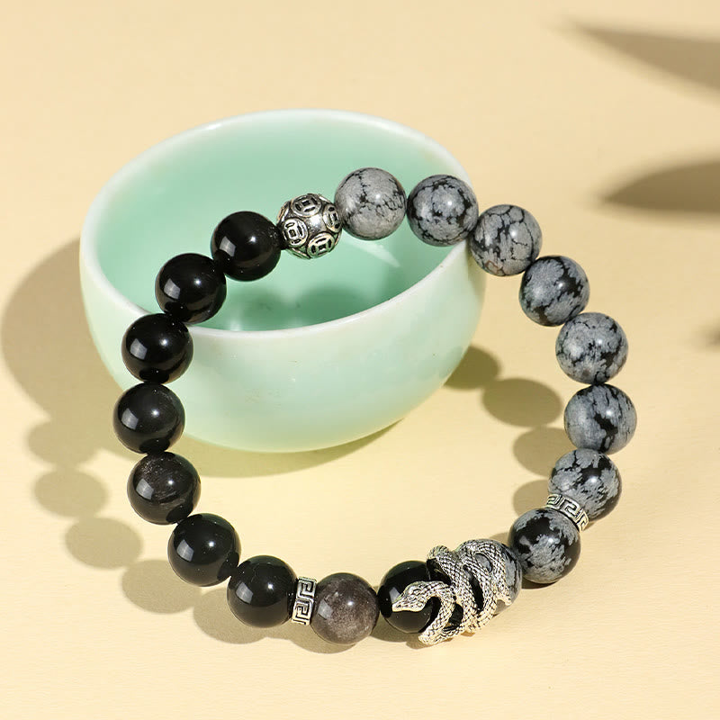 Natural Silver Sheen Obsidian and Copper Snake Year of the Snake Beaded Gemstone Bracelet