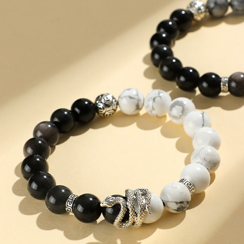 Natural Silver Sheen Obsidian and Copper Snake Year of the Snake Beaded Gemstone Bracelet