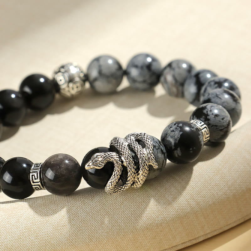 Natural Silver Sheen Obsidian and Copper Snake Year of the Snake Beaded Gemstone Bracelet