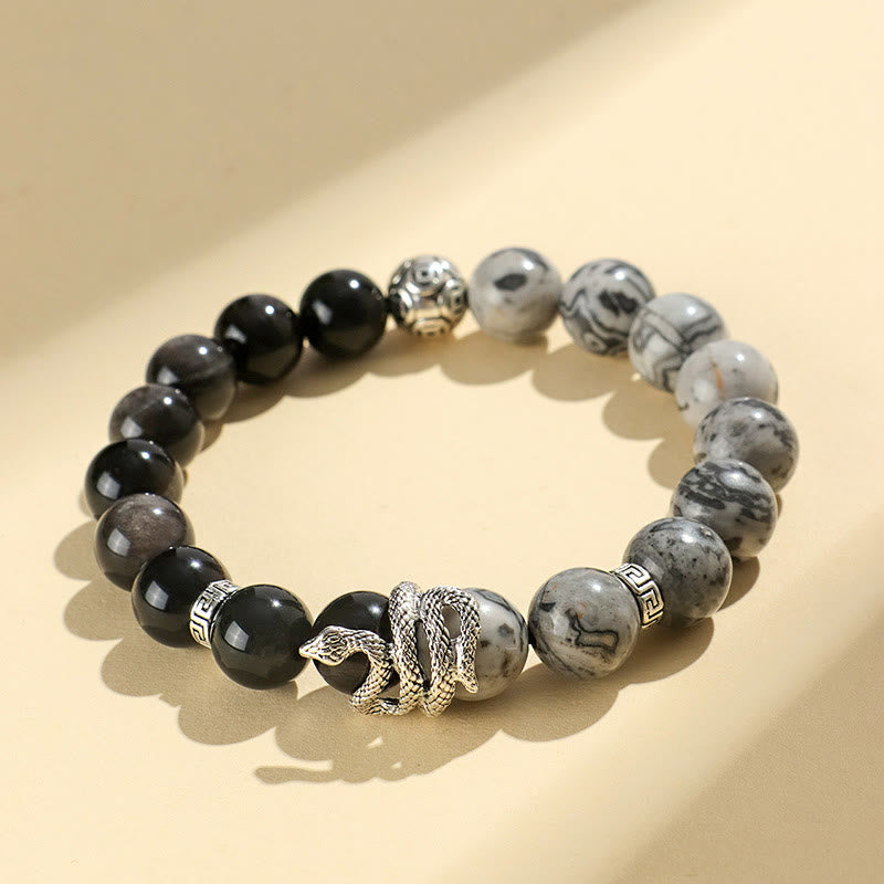 Natural Silver Sheen Obsidian and Copper Snake Year of the Snake Beaded Gemstone Bracelet