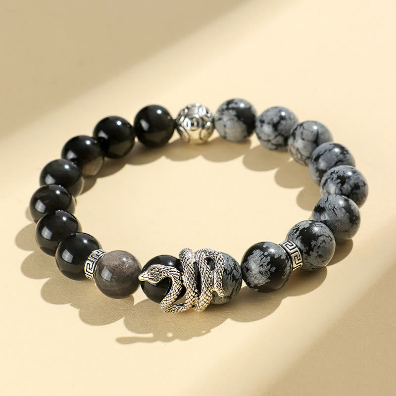 Natural Silver Sheen Obsidian and Copper Snake Year of the Snake Beaded Gemstone Bracelet