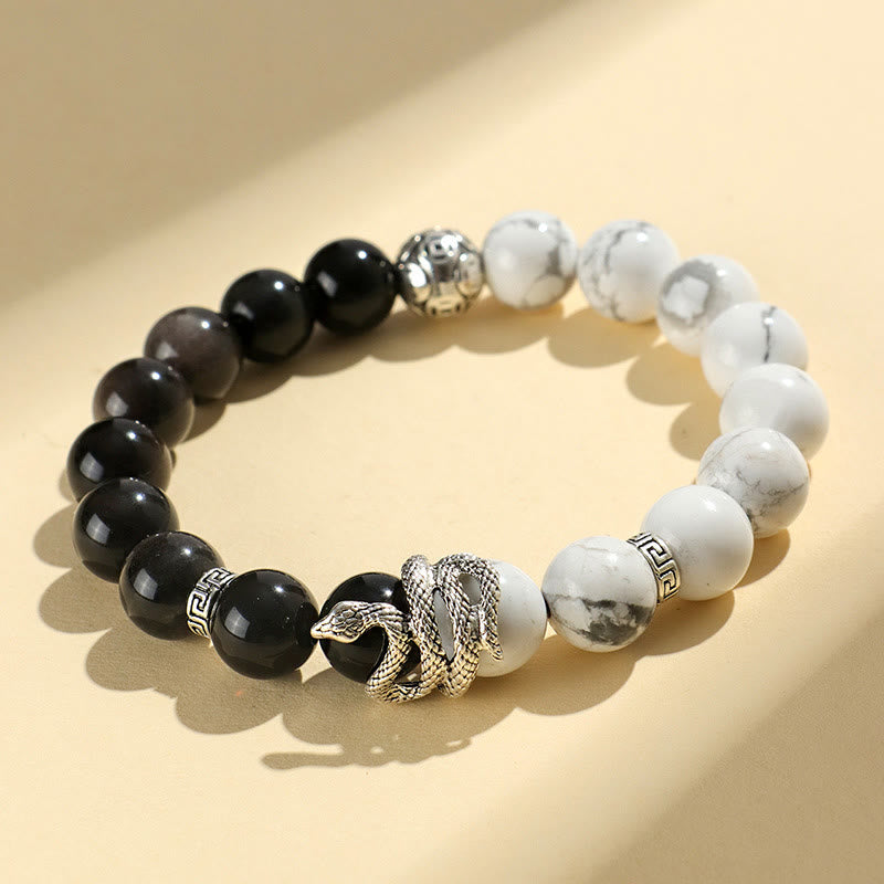 Natural Silver Sheen Obsidian and Copper Snake Year of the Snake Beaded Gemstone Bracelet