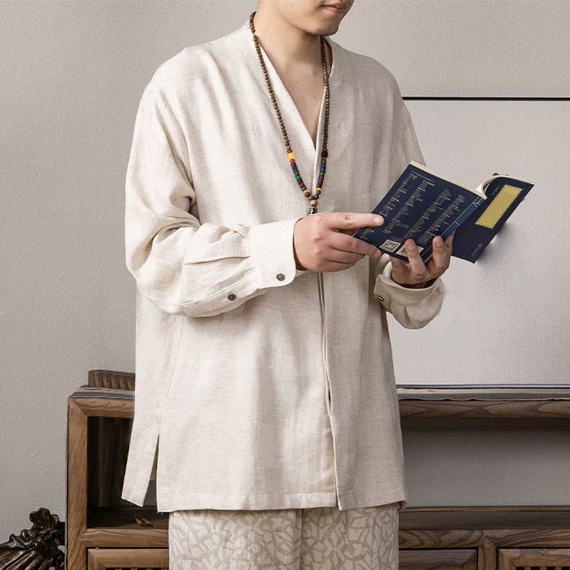 V-Neck Men's Linen Long Sleeve Shirt Zen Clothing
