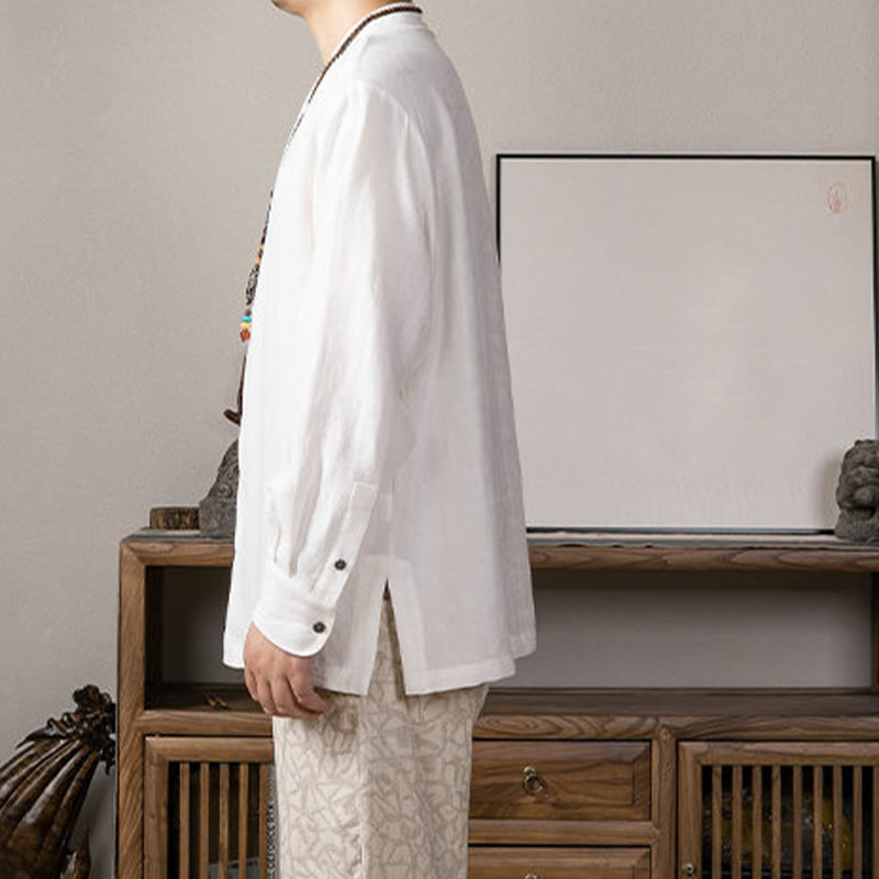 V-Neck Men's Linen Long Sleeve Shirt Zen Clothing