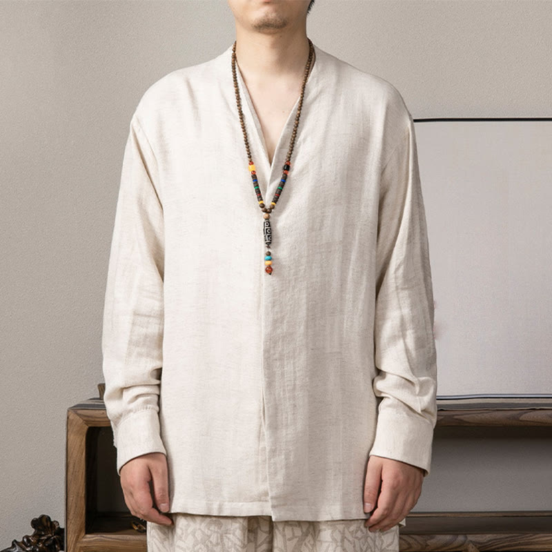 V-Neck Men's Linen Long Sleeve Shirt Zen Clothing