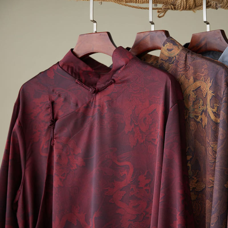 Vintage Chinese Frog-Button Tang Suit Men's Dragon Cotton Robe