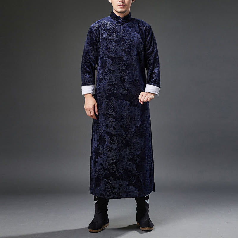 Vintage Fall Winter Chinese Frog-Button Tang Suit Men's Dragon Jacquard Robe With Pockets