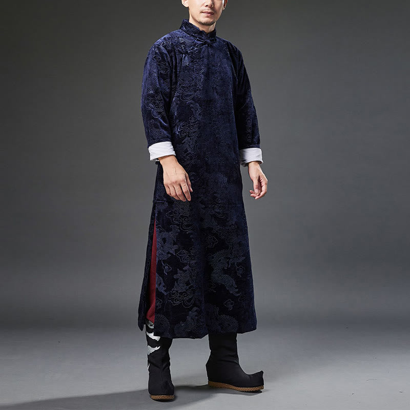 Vintage Fall Winter Chinese Frog-Button Tang Suit Men's Dragon Jacquard Robe With Pockets