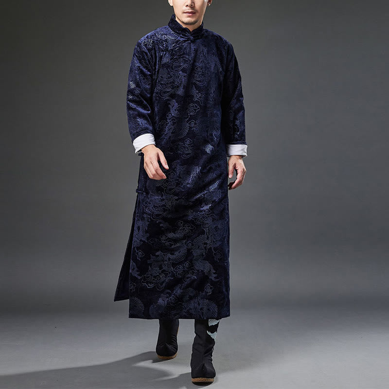 Vintage Fall Winter Chinese Frog-Button Tang Suit Men's Dragon Jacquard Robe With Pockets