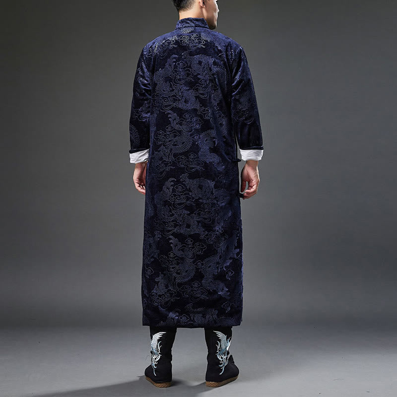 Vintage Fall Winter Chinese Frog-Button Tang Suit Men's Dragon Jacquard Robe With Pockets