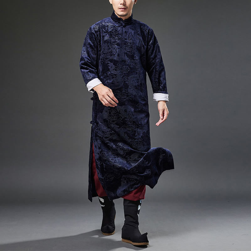 Vintage Fall Winter Chinese Frog-Button Tang Suit Men's Dragon Jacquard Robe With Pockets