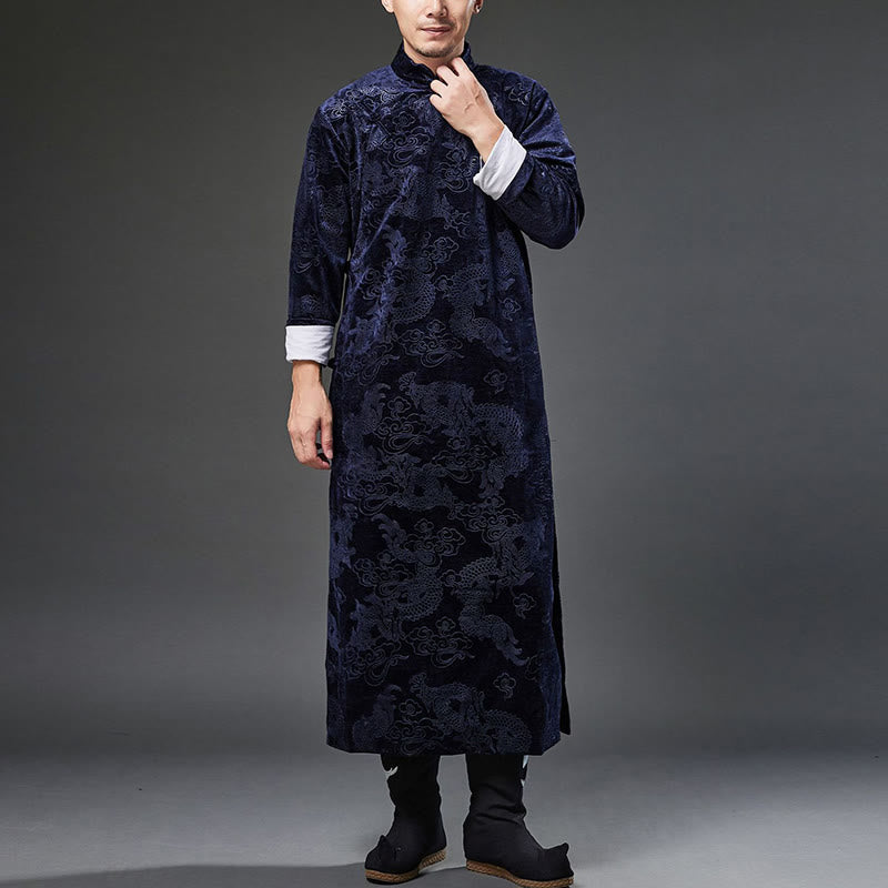 Vintage Fall Winter Chinese Frog-Button Tang Suit Men's Dragon Jacquard Robe With Pockets