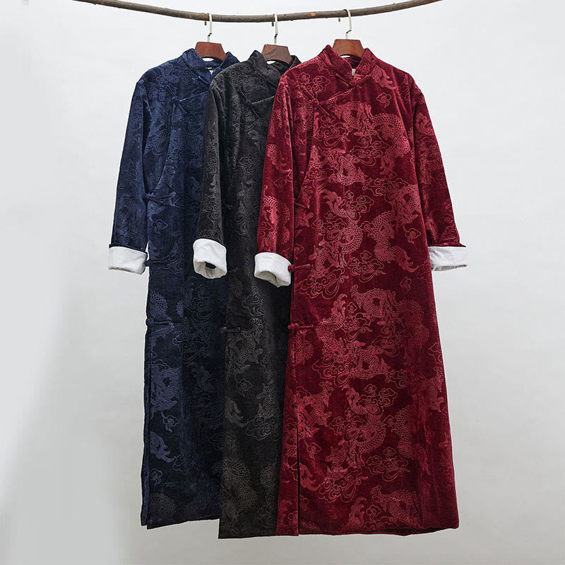 Vintage Fall Winter Chinese Frog-Button Tang Suit Men's Dragon Jacquard Robe With Pockets